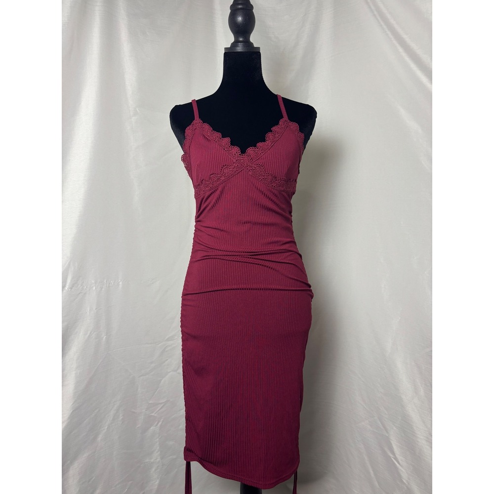 Romwe Burgundy Ribbed Lace Trim Ruched Drawstring Bodycon Dress Small